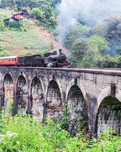 Ella, Sri Lanka - February 13, 2020: Steam train on the Nine Arches Demodara Bridge in Ella